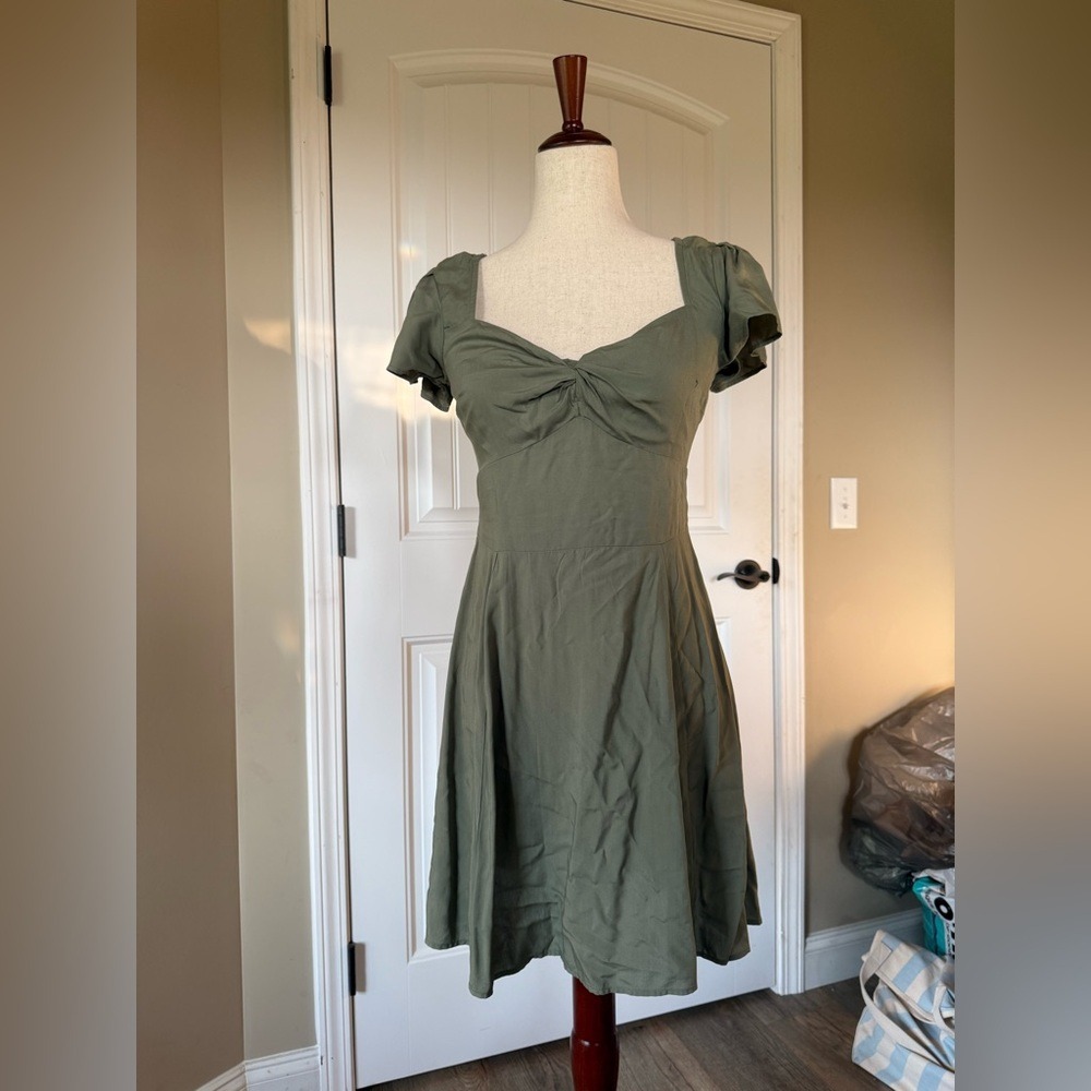 Abercrombie Fitch Olive Green Smocked Square Neck Puff Sleeve Mini Dress XS